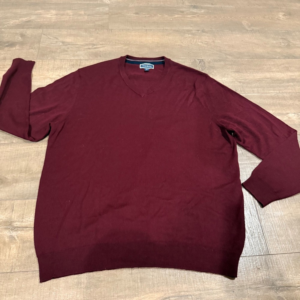 Club Room V-Neck Sweater Mens XL Burgundy Excellent Merino Wool Blend Solid